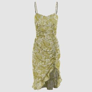 GREEN FLORAL JACQUARD MIDI RUCHED DRESS